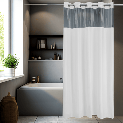 White Hookless shower curtain with vinyl window. Feature plastic grommets.