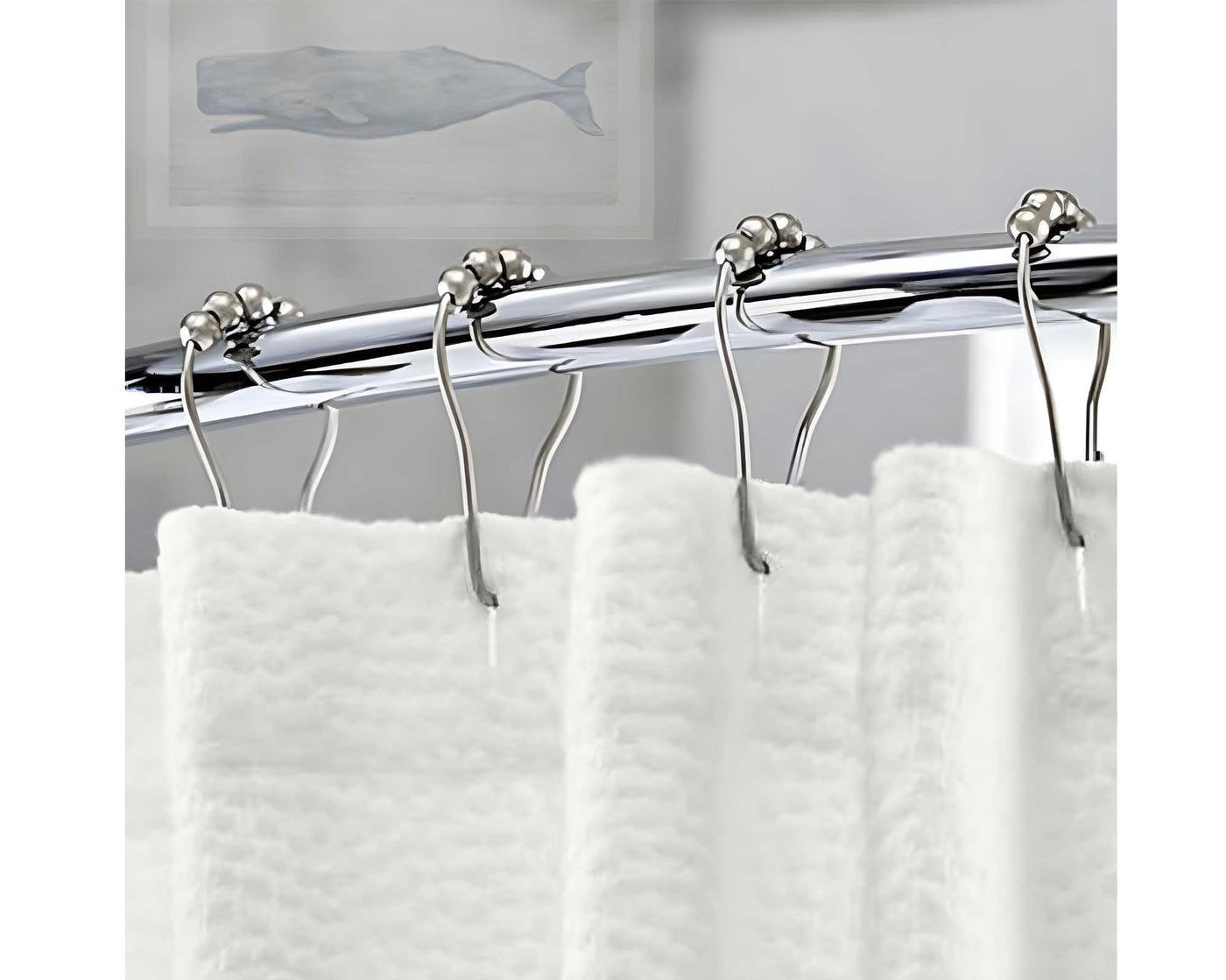 Ball bearing shower curtain hooks in lifestyle photo