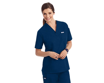 Lady wearing unisex navy blue scrub set#colour_navy-blue