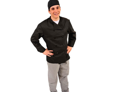 man wearing black  chef coat with mesh underarm wearing black chef hat and checkered pants