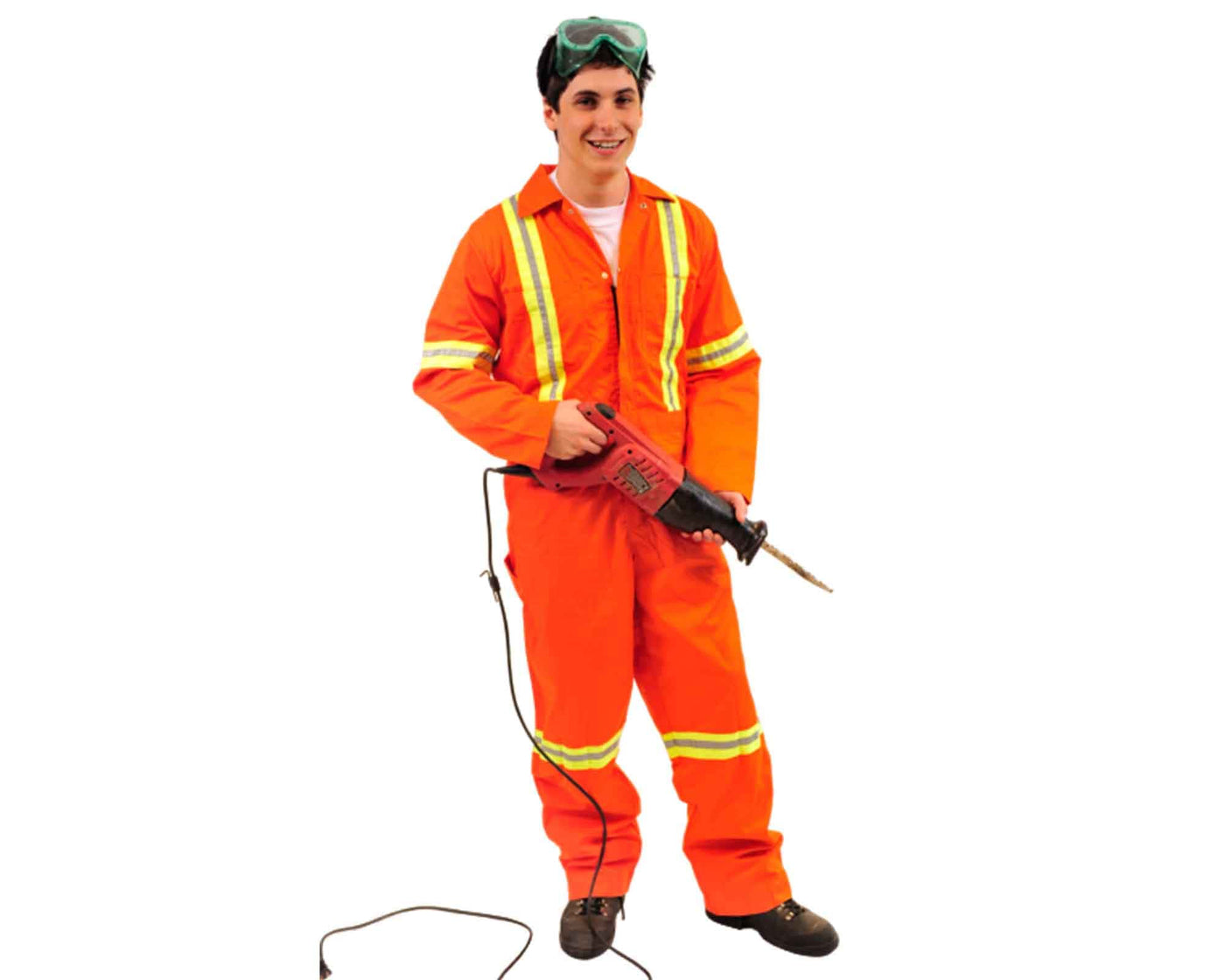 man wearing industrial  orange coverall with reflective stripe holding red drill