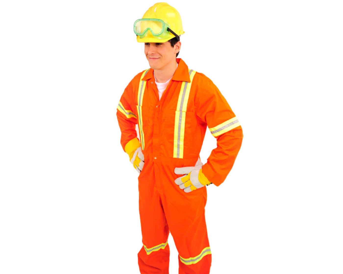 side view of man wearing industrial orange coverall with reflective stripe with yellow safety hat on his head