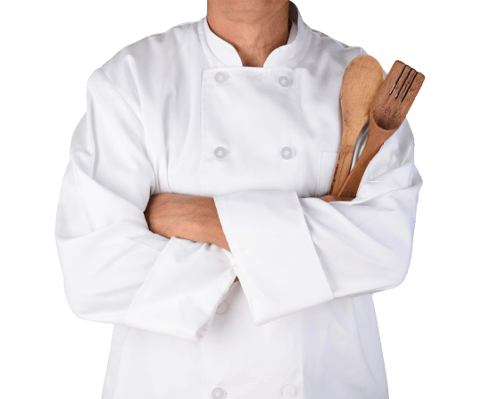 White chef coat with solid button holding Serving spoon and fork