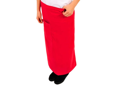 man wearing red bistro apron with front pocket