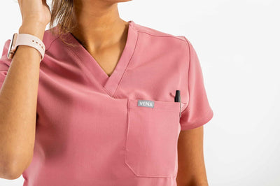 VENA ladies jogger style Scrub shirt zoom image showing chest pocket with pen#colour_rose