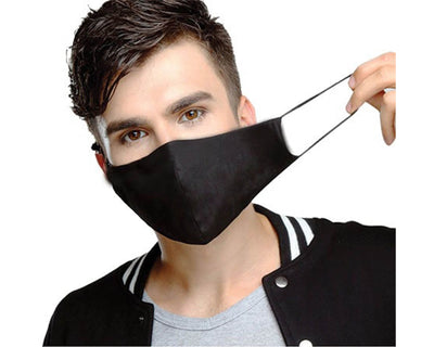 man wearing black reusable face mask