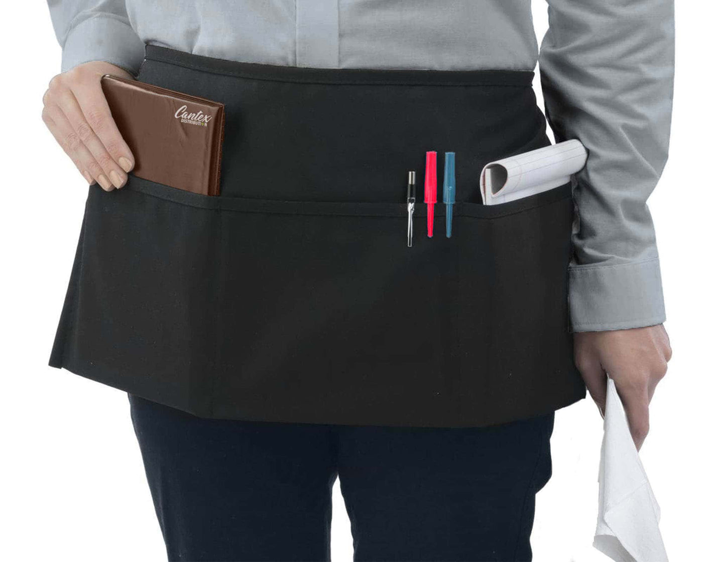 Server apron with three large pockets for notepad, pens, and phone. Server Coin apron with adjustable waistband. 
