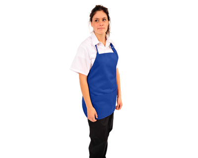 lady wearing royal blue short bib apron with adjustable neck and 3 pockets#colour_royal-blue