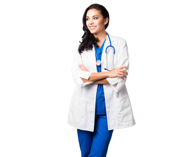 Lady wearing unisex lab coat and royal blue scrub set