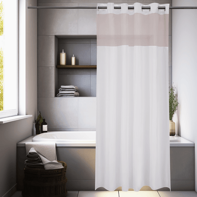 White Hookless Shower Curtain with Sheer window. Plastic grommets.
