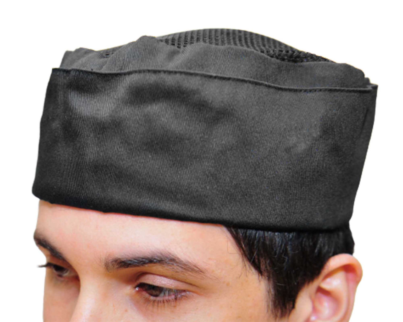 person wearing black chef hat with mesh top