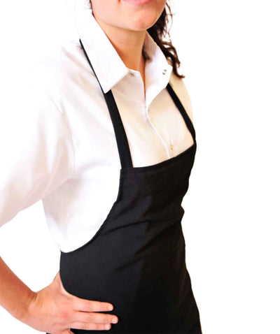 lady wearing black bib apron with no pocket
