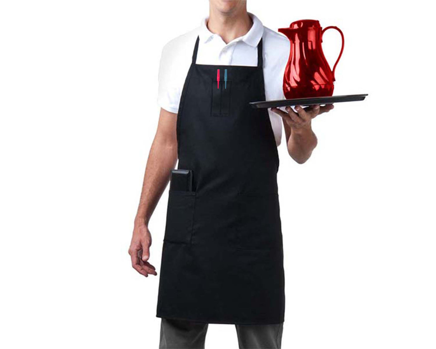 person wearing black bib apron with 3 pockets holding red tea pot