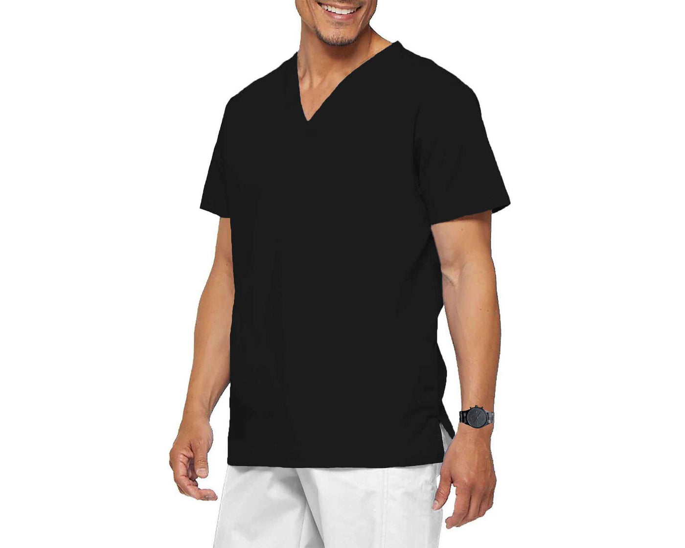Man wearing black cook shirt in V-neck style with black wrist watch
