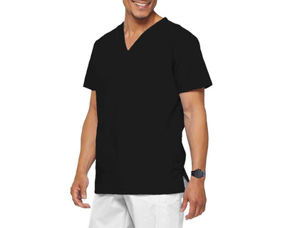Man wearing black cook shirt in V-neck style with black wrist watch