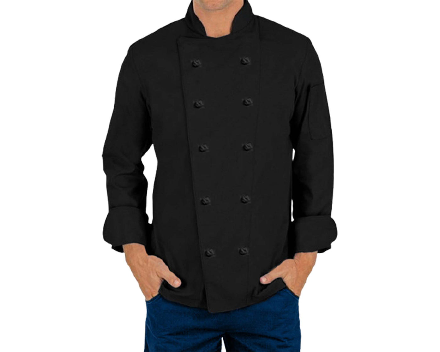 man wearing black chef coat with knot buttons