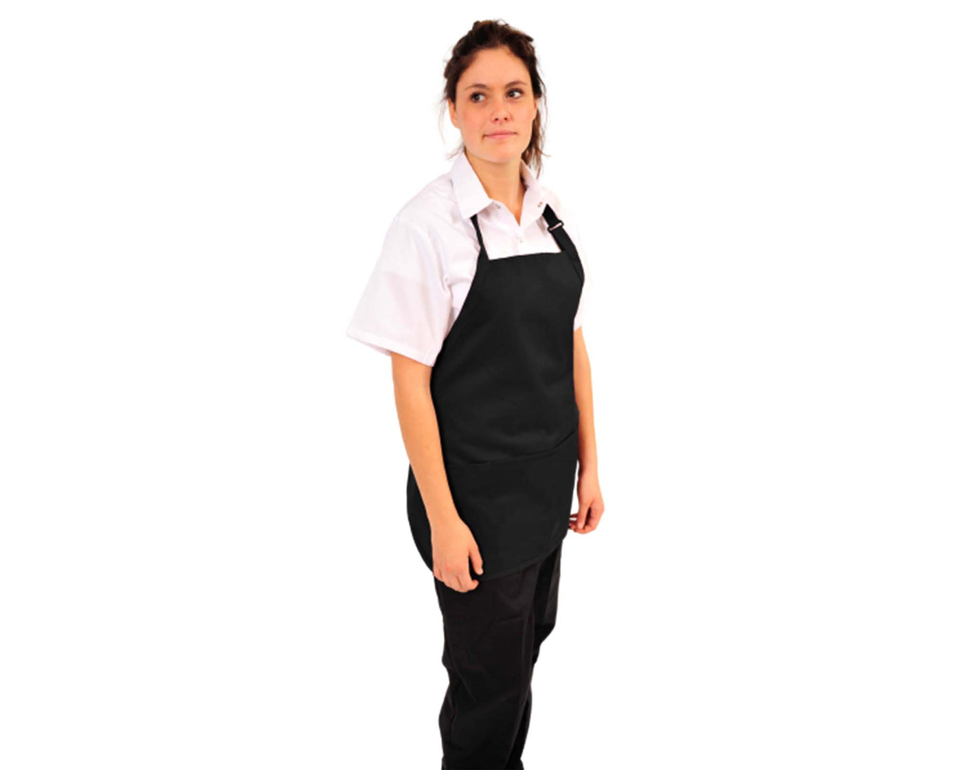 lady wearing black short bib apron with adjustable neck and pockets #colour_black