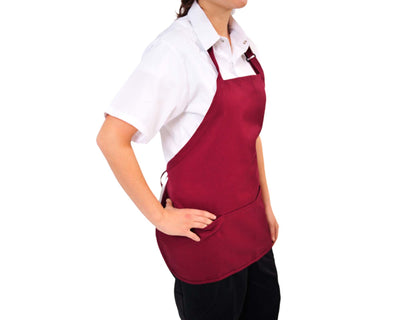 lady wearing burgundy short bib aprons with adjustable neck and 3 pockets#colour_burgundy