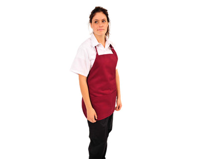 burgundy short bib apron with adjustable neck and 3 pockets#colour_burgundy