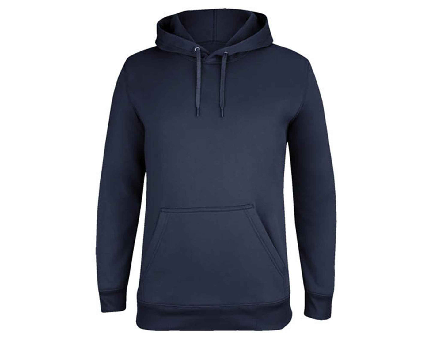 Navy blue hoody with pocket in front and drawcord