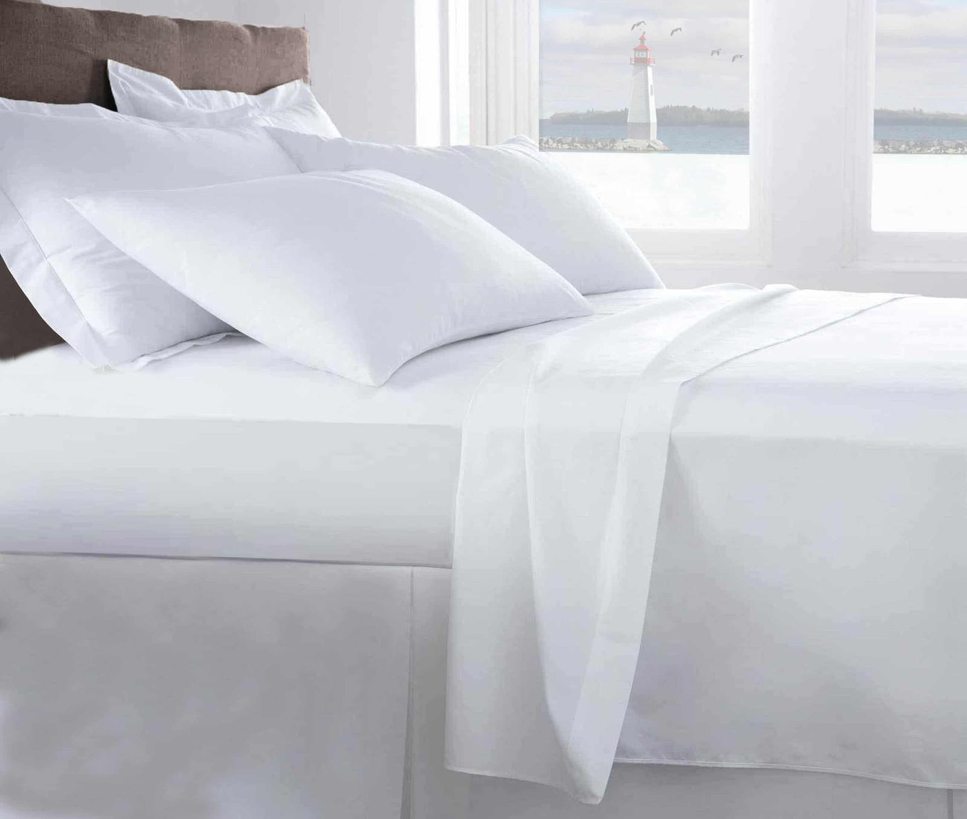 white T200 flat sheet on bed with white hypoallergenic pillows#colour_white