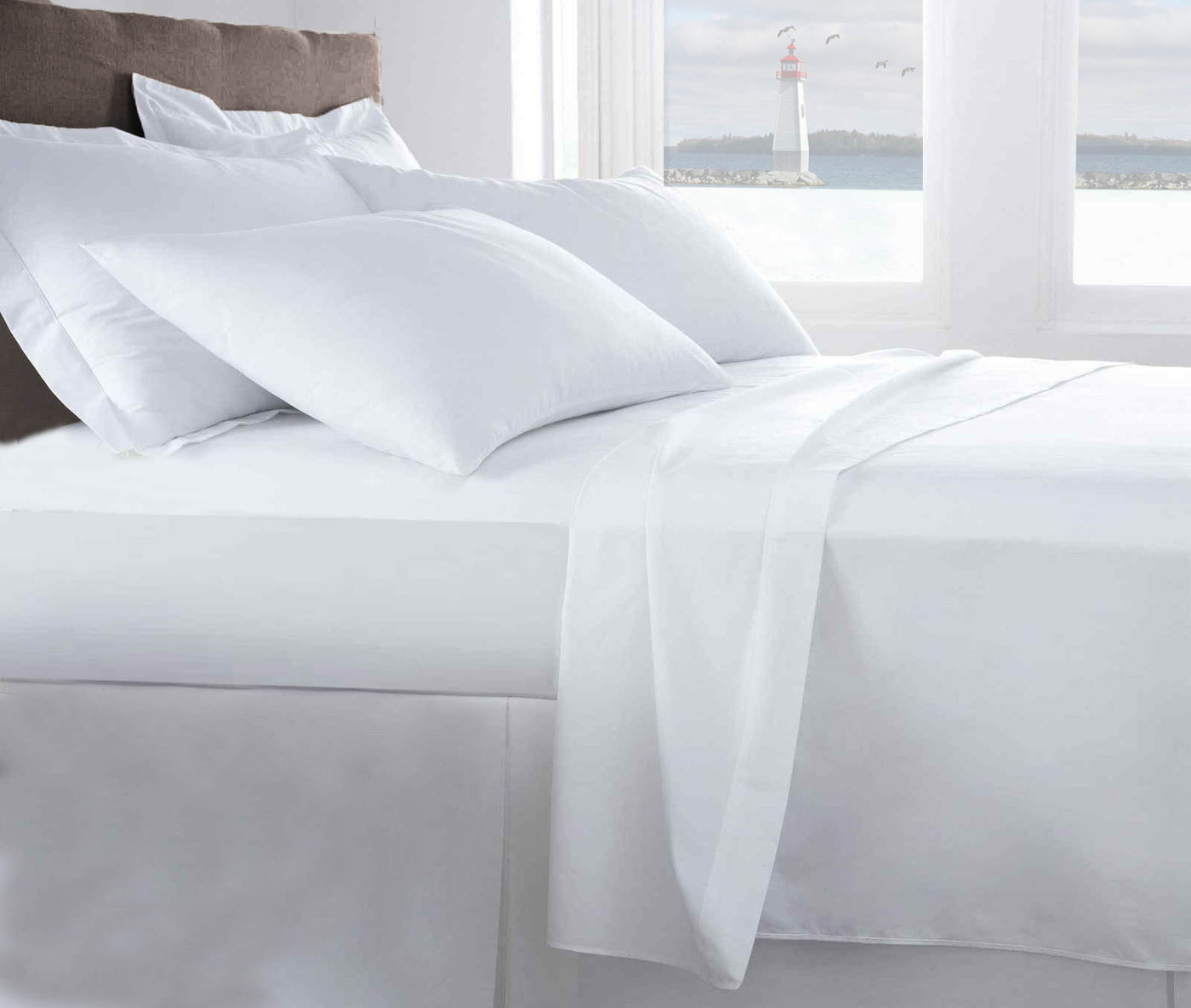 Thread 250 white flat sheet on the bed with hypoallergenic pillows