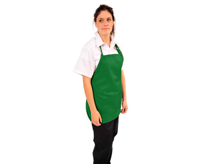lady wearing forest green short bib apron with adjustable neck and 3 pokcets#colour_hunter-green