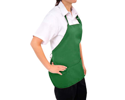 lady wearing forest green short bib apron with adjustable neck and 3 pockets#colour_hunter-green
