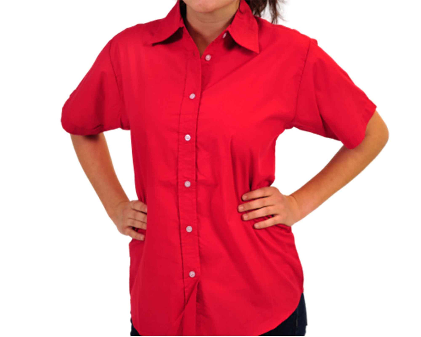 lady wearing red poplin shirt with solid button