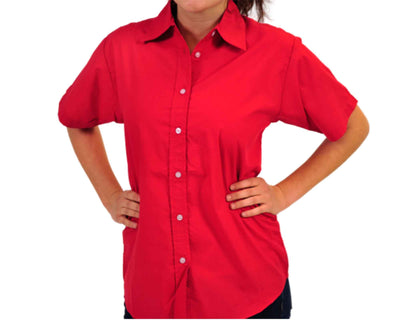 A Woman wearing a red button up poplin shirt 