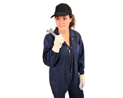 Lady wearing navy blue coverall and baseball hat on her head