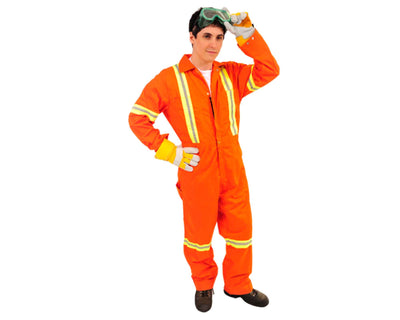 man wearing Industrial orange coverall with reflective stripes.
