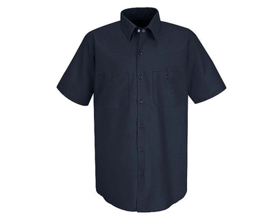 navy blue industrial short sleeve work shirt with plastic button
