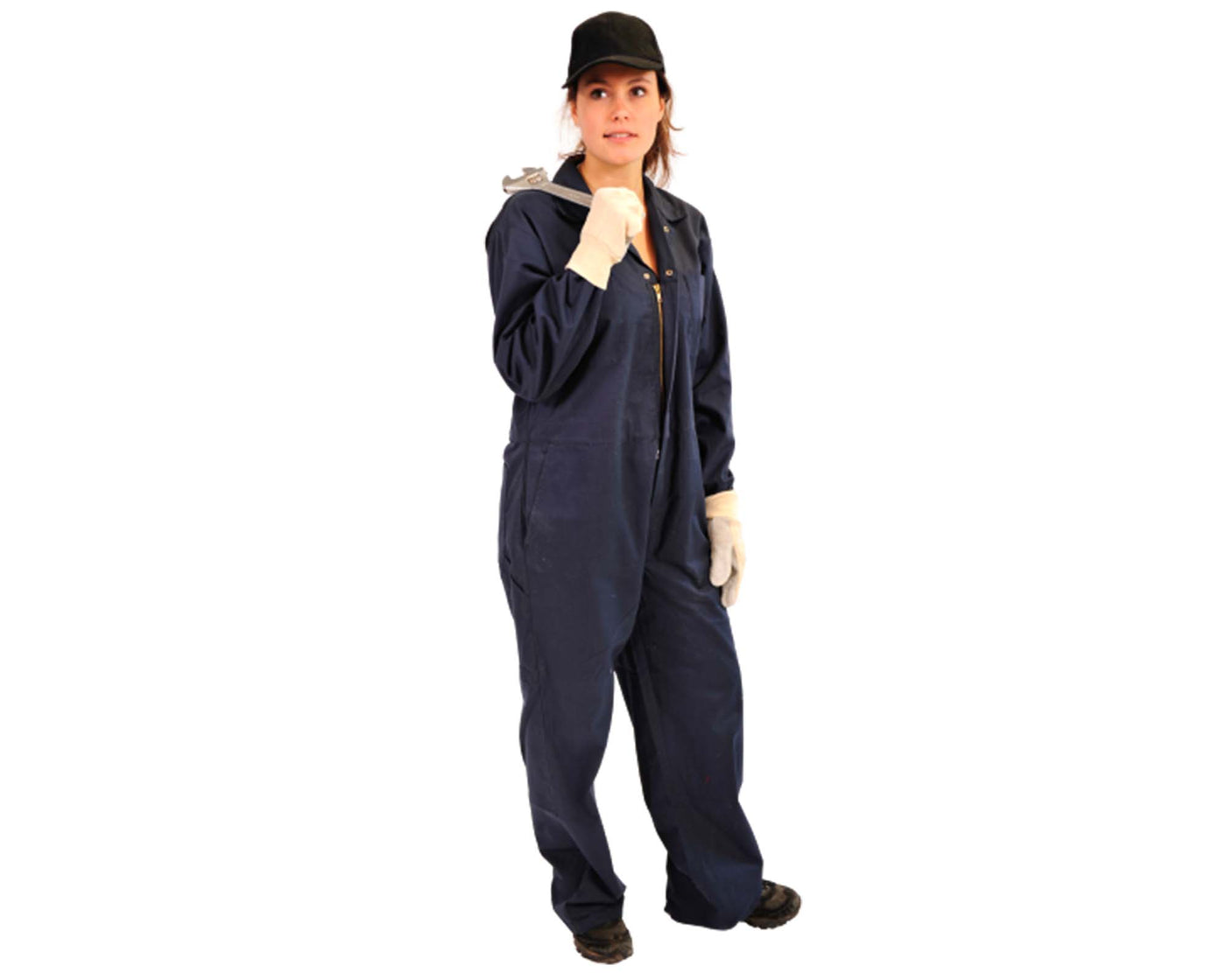 lady wearing  navy blue industrial coverall and wearing black baseball hat