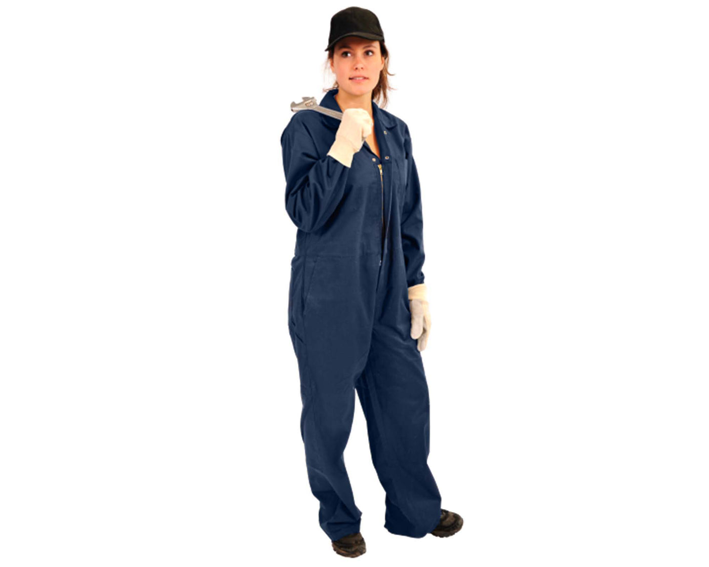 Lady wearing postman blue industrial coverall and wearing black baseball hat