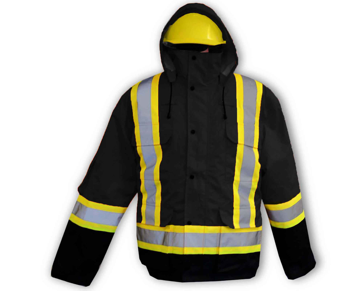 Black Winter Jacket for Construction Workers with Hi-Vis reflective stripes