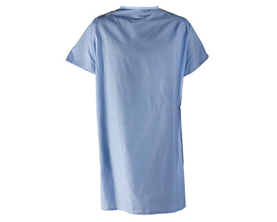 Back view of light blue hospital patient gown