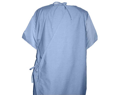 Back view of light blue patient gown showing the strap