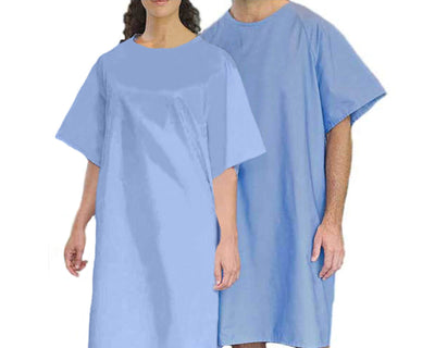 A woman and a man wearing a light blue reusable patient hospital gown