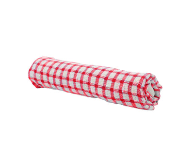 rolled patterned red tea towel with white background