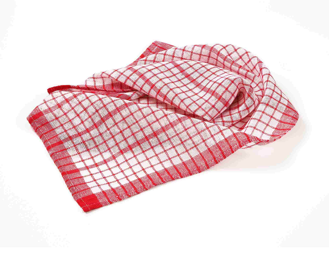 red patterned tea towel on white background