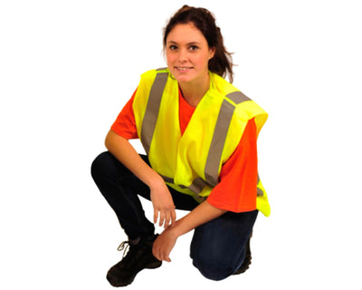 Lady wearing flourescent safety vest with reflective stripe