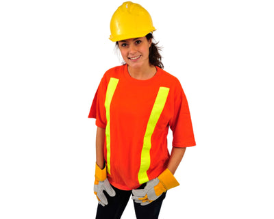 lady wearing safety Shirt with yellow stripe wearing yellow safety hat