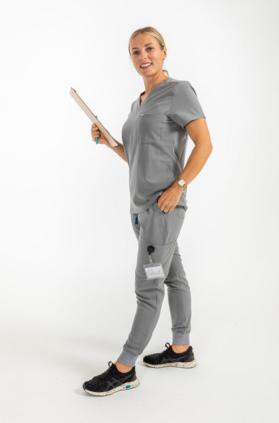 Vena ladies jogger style scrub pants with ID on the side pocket#colour_grey