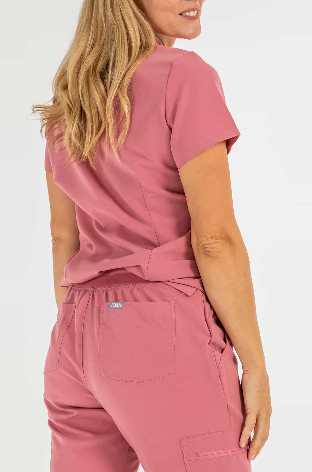 Vena ladies jogger style scrub pants lady featuring the back pocket of the scrub#style_women#colour_rose