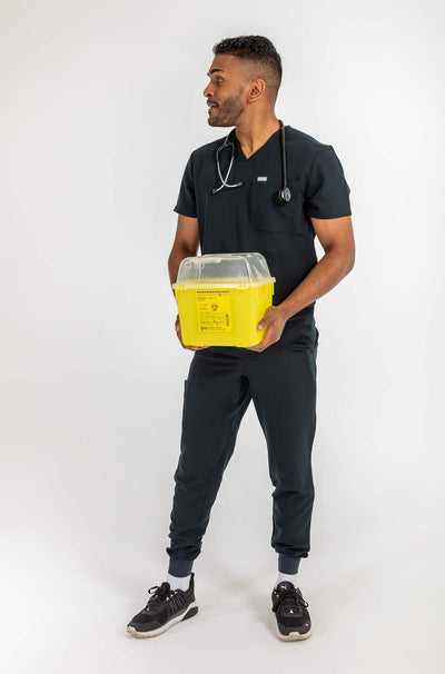 Vena mens jogger scrub pants man holding yellow container#colour_black