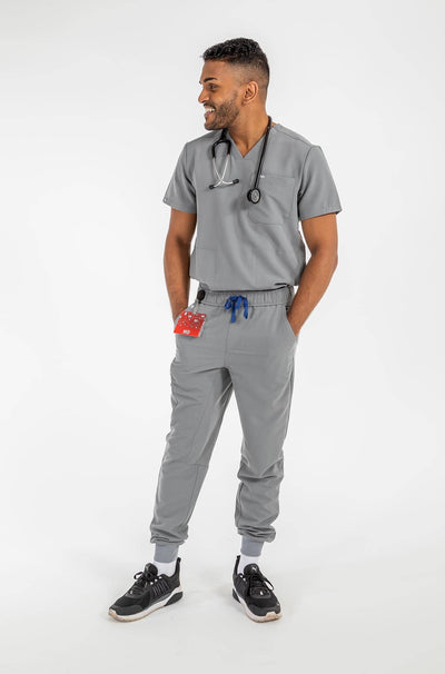 Vena mens jogger scrub pants featuring the 2 side pockets of the scrub pants#colour_grey