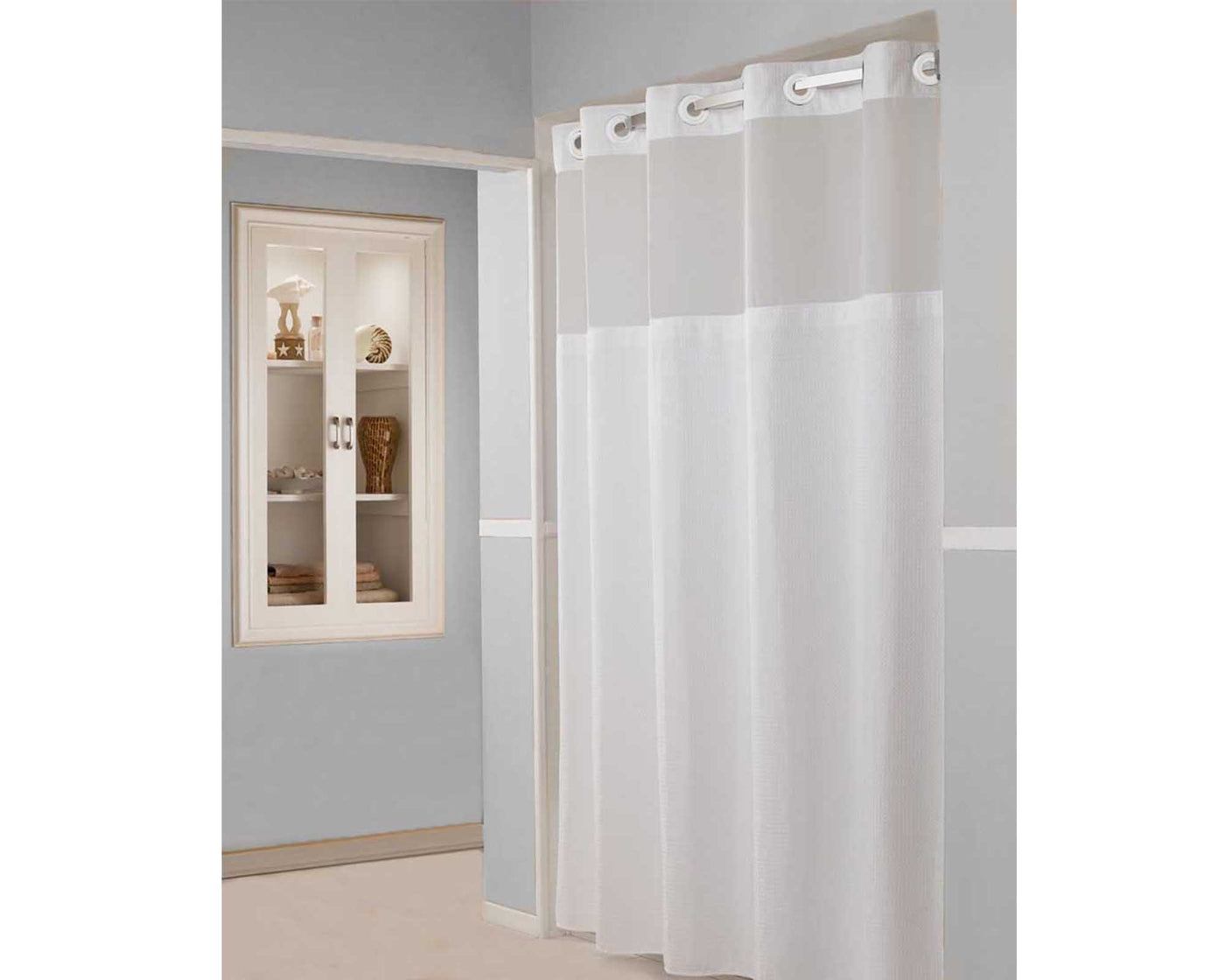 White sheer window shower curtain with white grommets