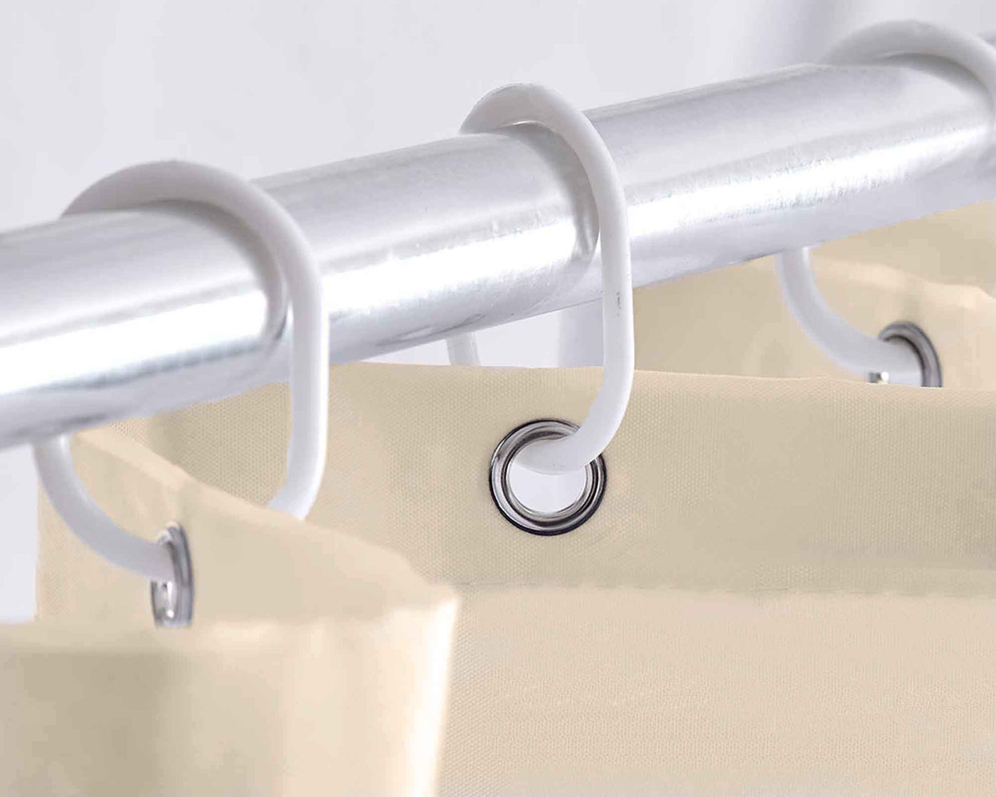 zoom image of beige Shower curtain with metal grommets and plastic hook