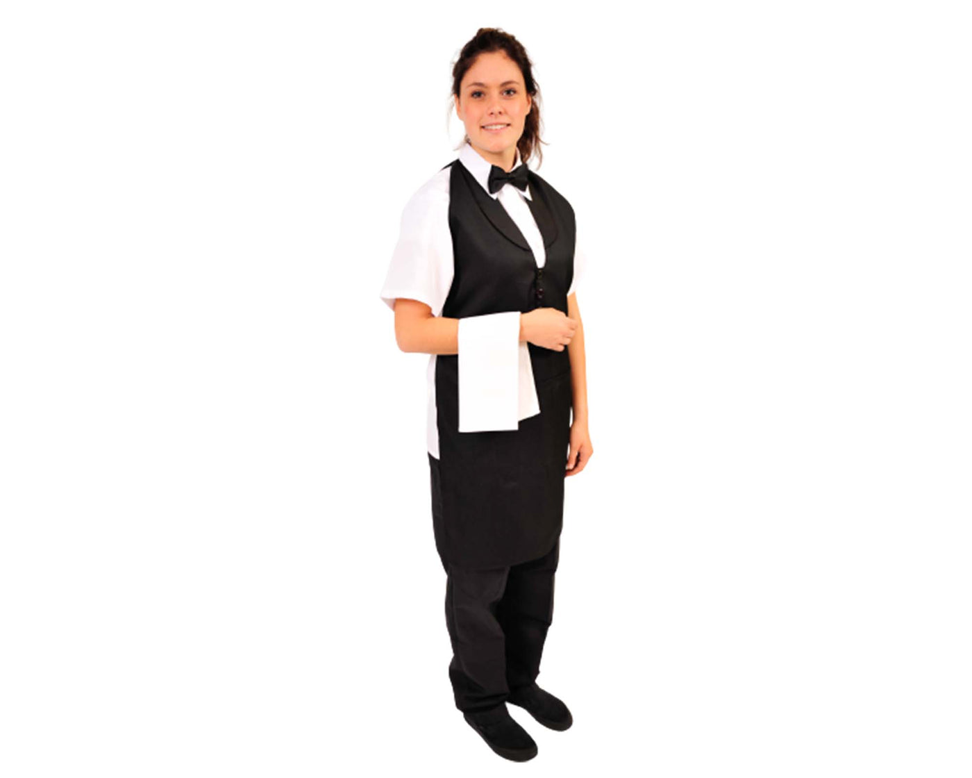 lady wearing black tuxedo apron with black bow tie holding white linen napkin